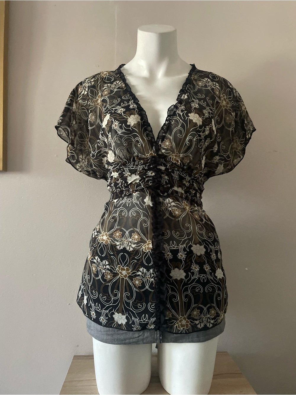 jonathan martin Black Sheer Floral V-Neck Blouse with Gold and White Accents